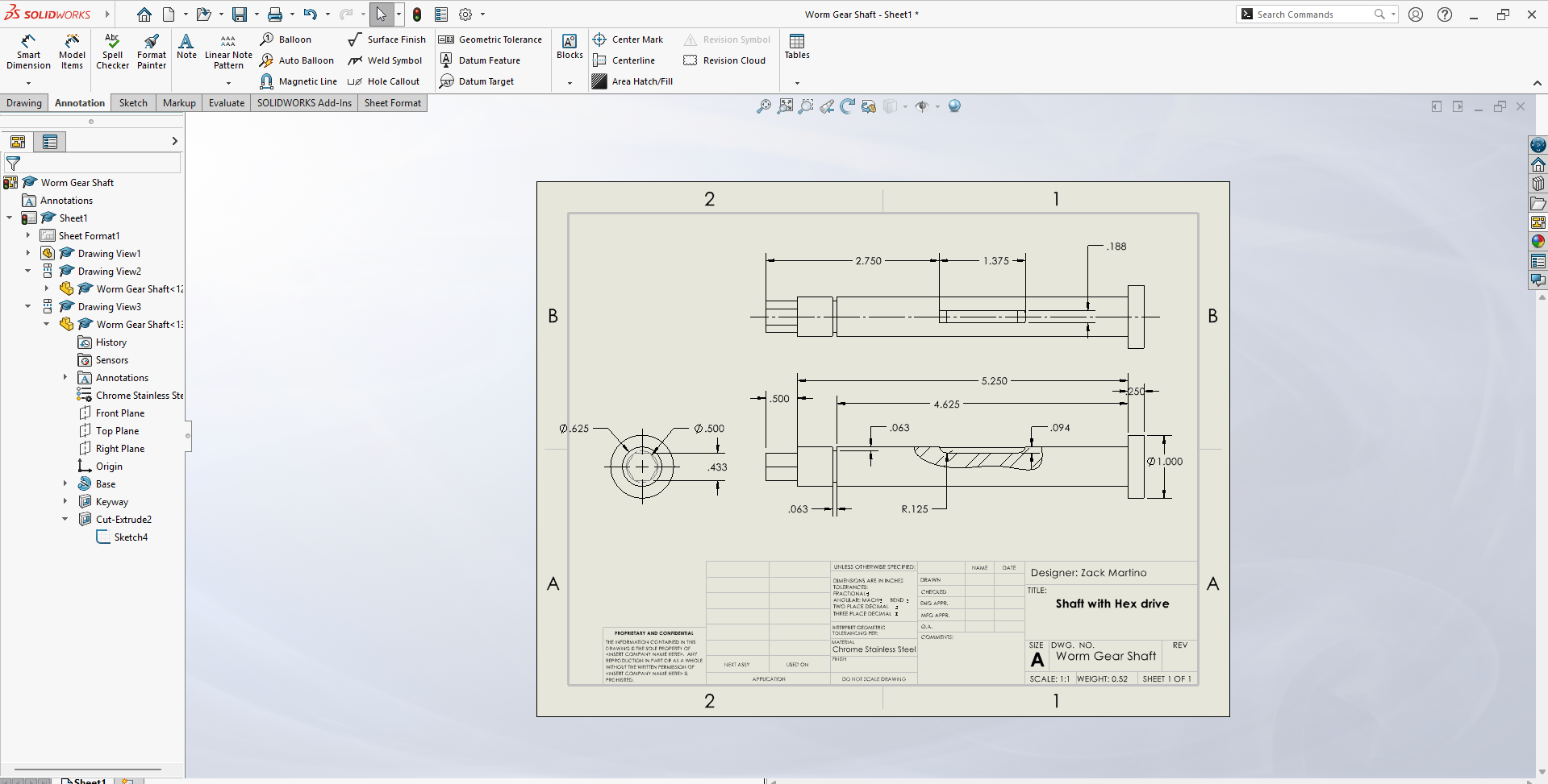 Worm gear shaft technical drawing — shaft with hex drive, chrome stainless steel